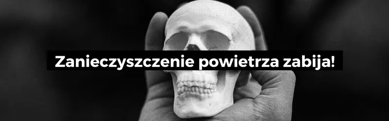Czarno-biała czaszka w dłoni z napisem: Zanieczyszczenie powietrza zabija!