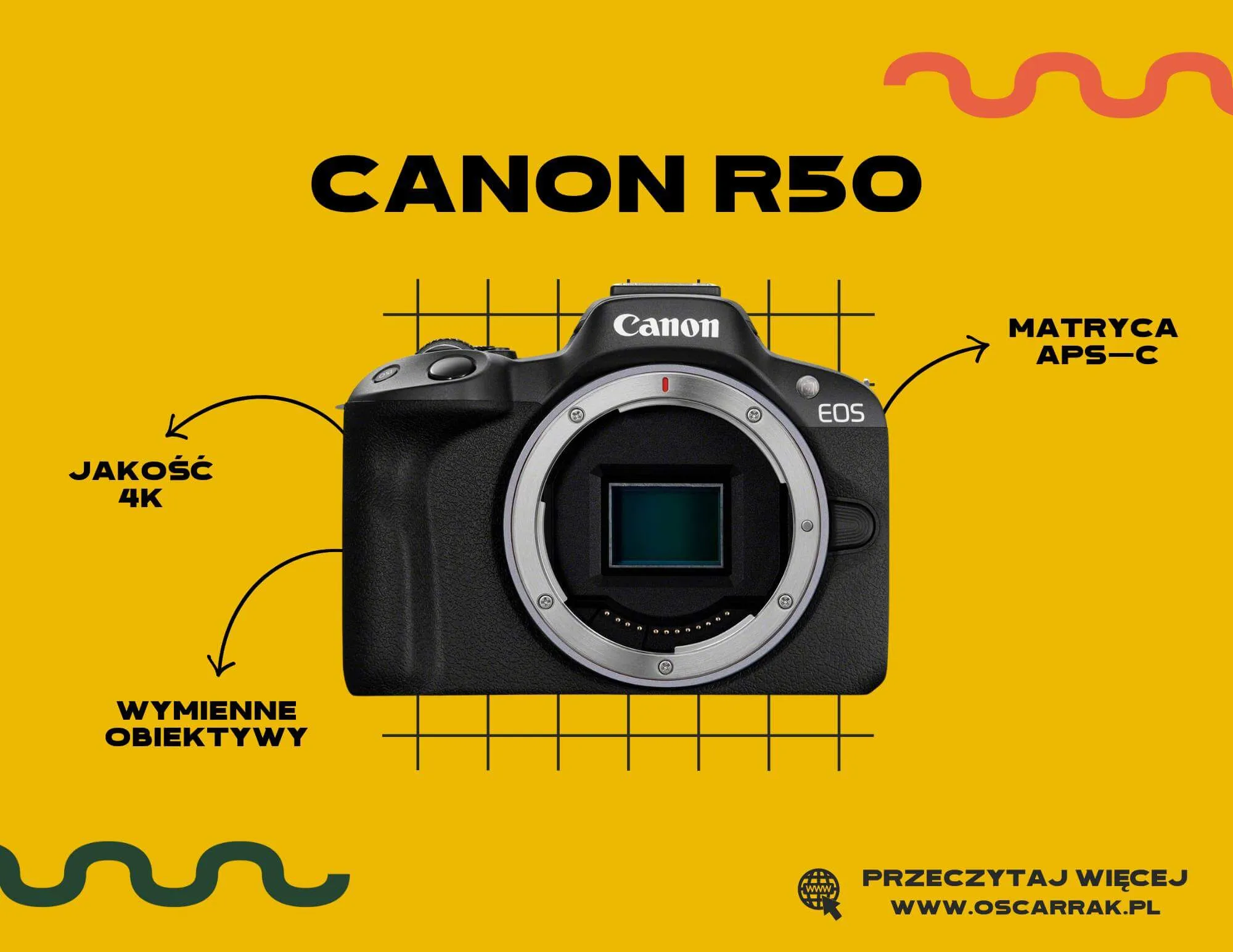 Canon R50 z opisem zalet: matryca APS-C, 4K, wymienne obiektywy; oferta na Ceneo