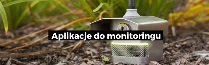 Czujnik jakości powietrza w trawie, na grafice napis: Aplikacje do monitoringu