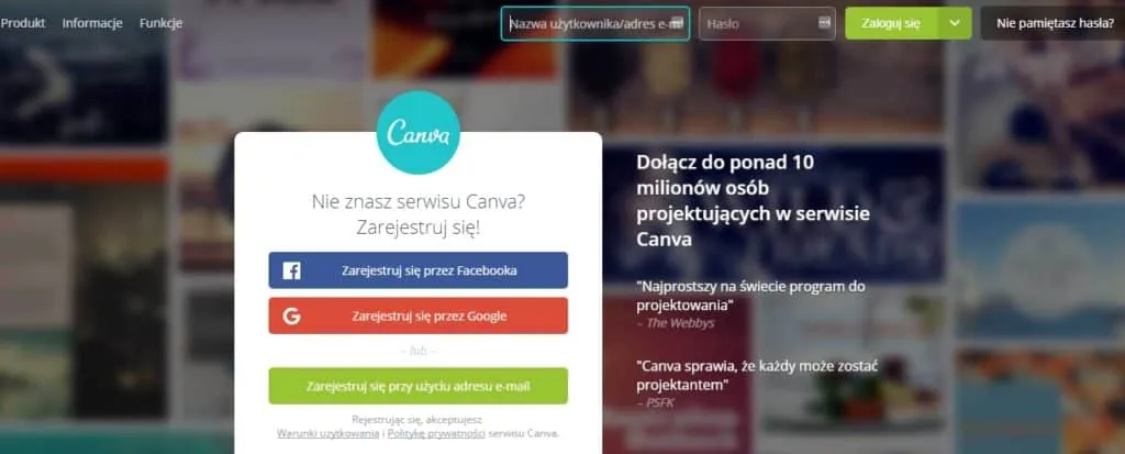 Strona logowania i rejestracji w serwisie Canva