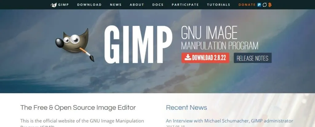 Strona główna programu graficznego GIMP z przyciskiem pobierania