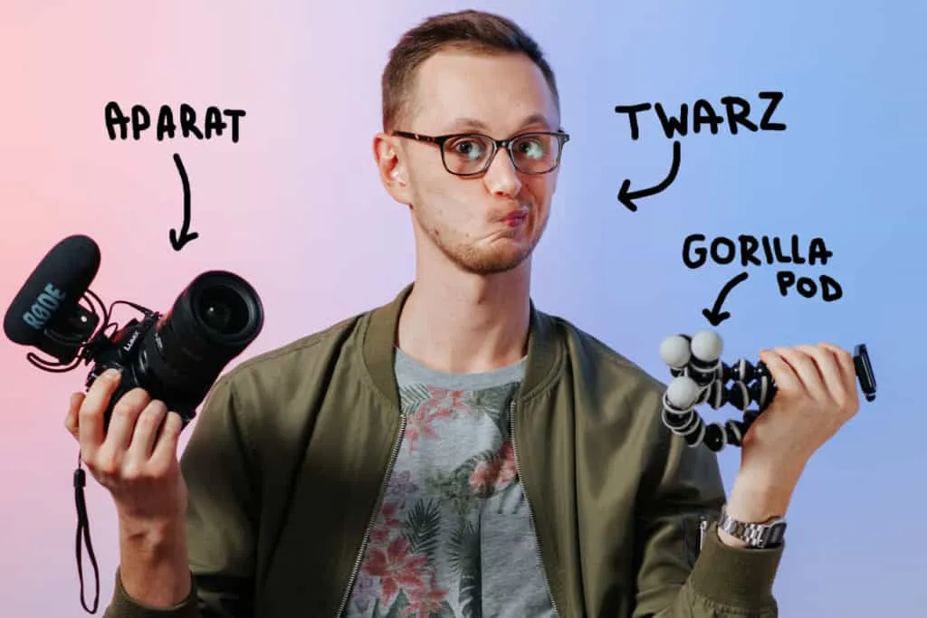 Mężczyzna w okularach trzyma aparat z mikrofonem Rode i statyw Gorilla Pod, z odręcznymi podpisami: aparat, twarz, Gorilla Pod