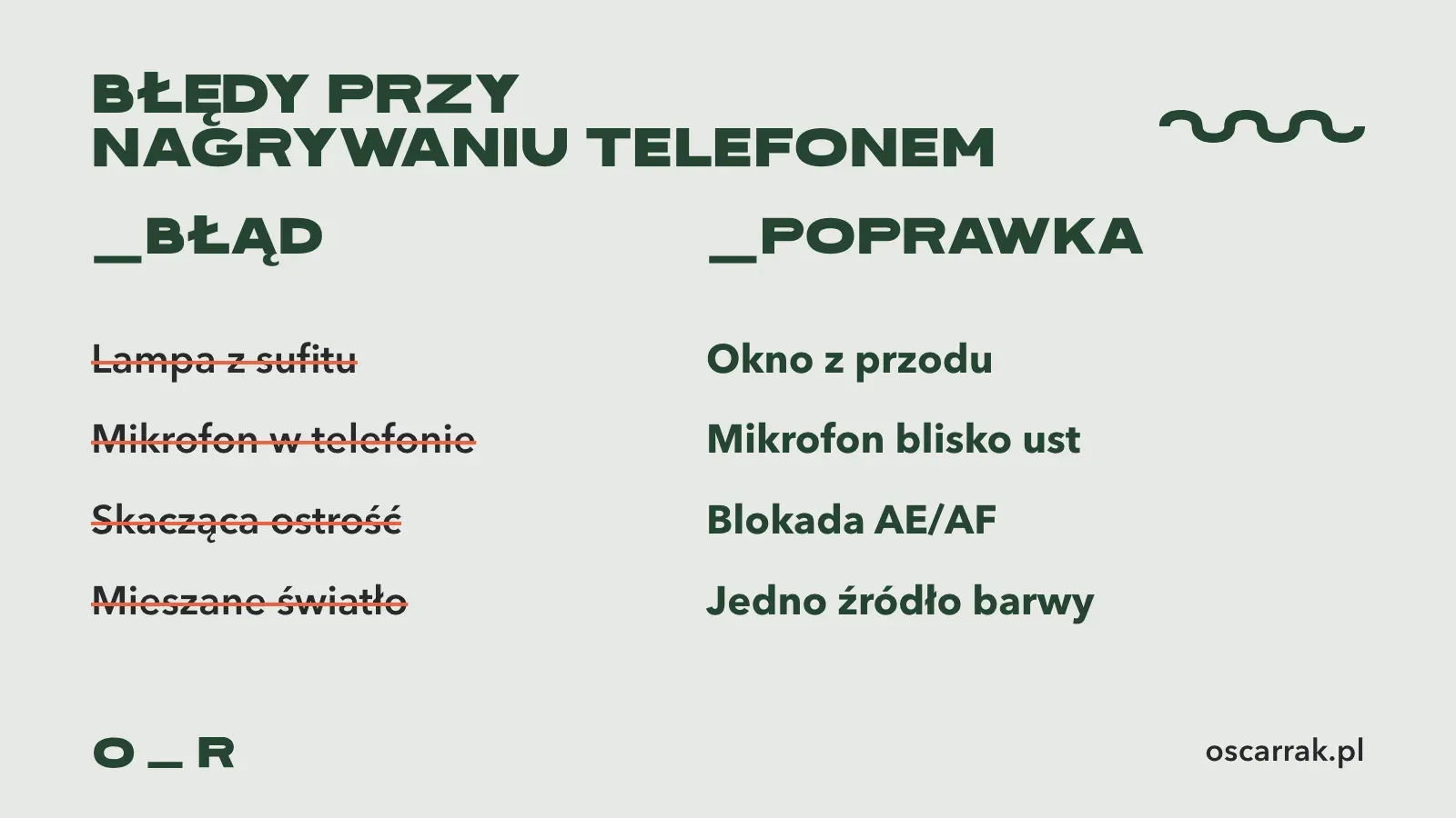 Cztery błędy przy nagrywaniu telefonem i ich poprawki: światło z okna zamiast lampy z sufitu, mikrofon blisko ust, blokada ostrości i ekspozycji, jedno źródło barwy światła