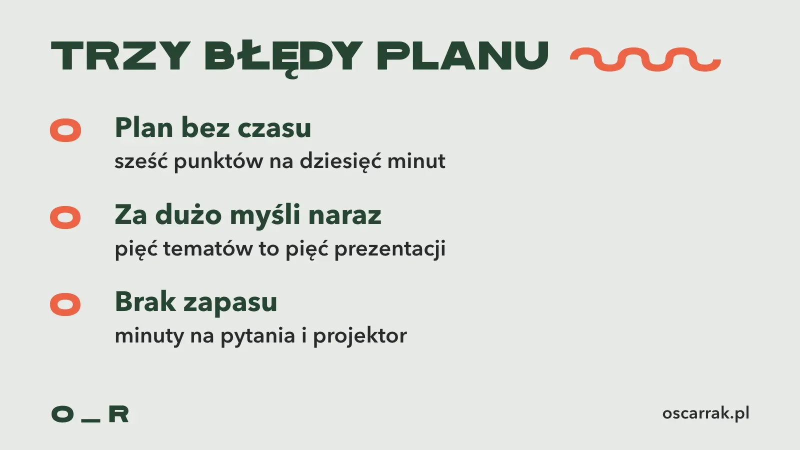 Trzy błędy planu prezentacji: plan bez czasu, za dużo myśli naraz, brak zapasu na pytania i projektor