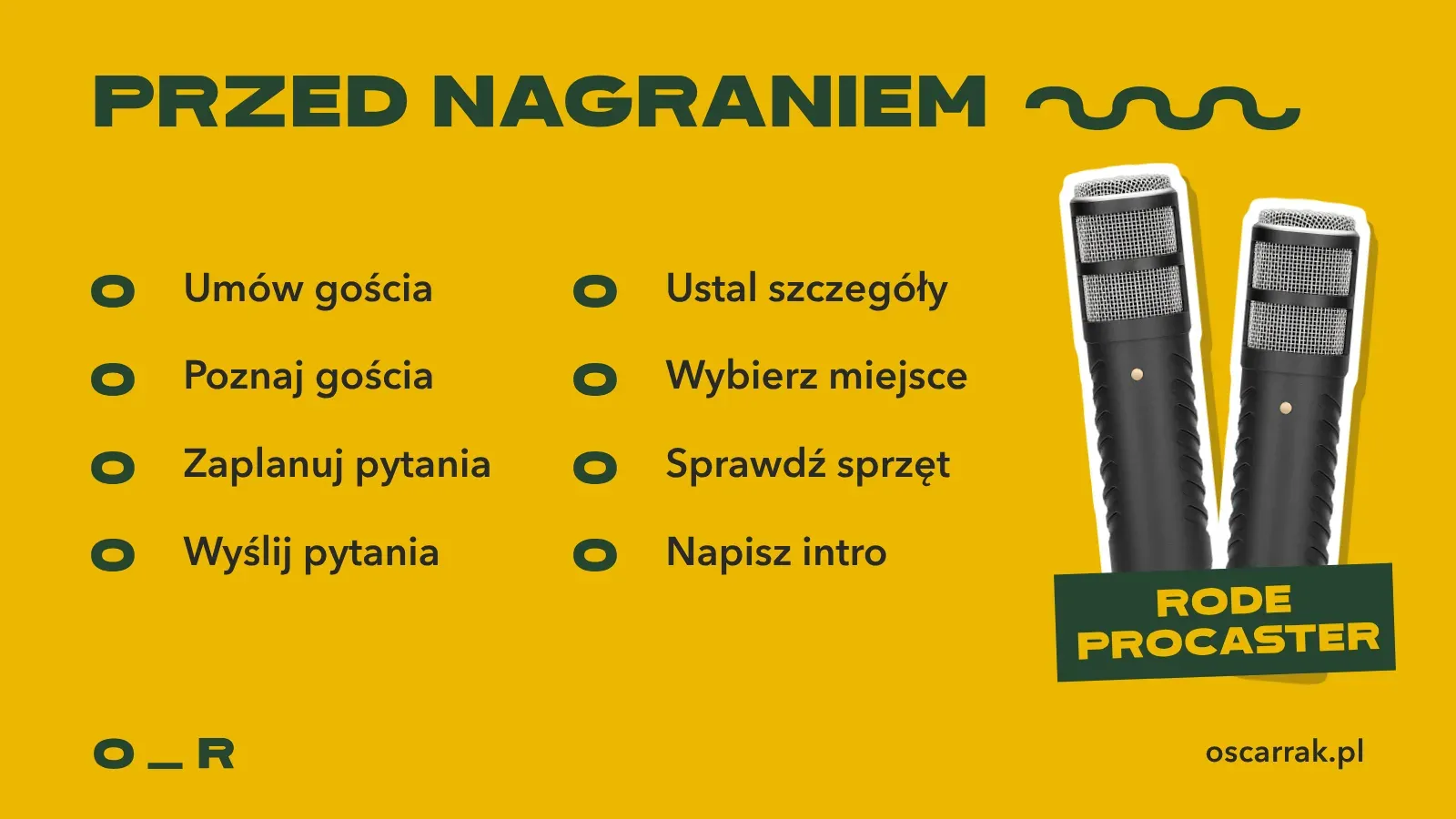 Checklista przed nagraniem z gościem: umów gościa, poznaj gościa, zaplanuj pytania, wyślij pytania, ustal szczegóły, wybierz miejsce, sprawdź sprzęt i napisz intro, obok dwa mikrofony Rode Procaster