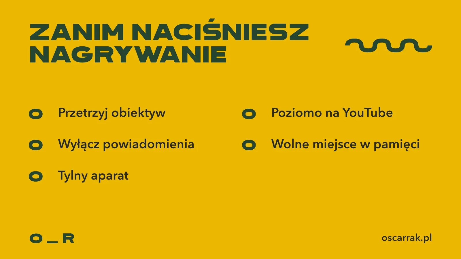 Checklista przed nagraniem telefonem: czysty obiektyw, wyłączone powiadomienia, tylny aparat, orientacja pozioma na YouTube i wolne miejsce w pamięci
