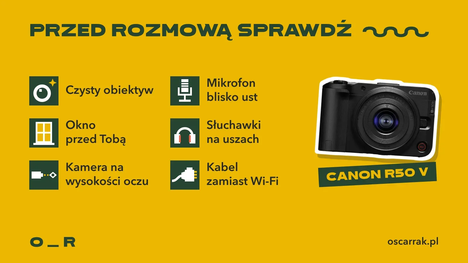 Checklista przed wideorozmową z ikonami: czysty obiektyw, okno przed Tobą, kamera na wysokości oczu, mikrofon blisko ust, słuchawki na uszach i kabel zamiast Wi-Fi, obok zdjęcie aparatu Canon R50 V