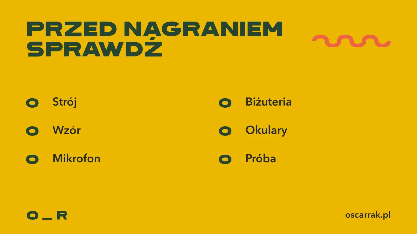 Lista kontrolna stroju przed nagraniem: strój, wzór, mikrofon, biżuteria, okulary i próba sprawdzone