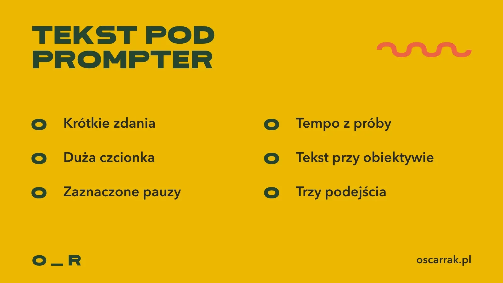 Lista kontrolna tekstu pod prompter: krótkie zdania, duża czcionka, zaznaczone pauzy, tempo sprawdzone na próbie, obiektyw blisko tekstu, trzy podejścia