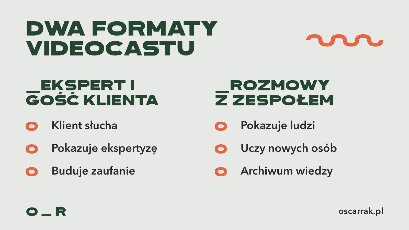 Porównanie dwóch formatów firmowego videocastu: ekspert z gościem klienta, który pokazuje ekspertyzę i buduje zaufanie, oraz rozmowy z zespołem, które pokazują ludzi i uczą nowych osób