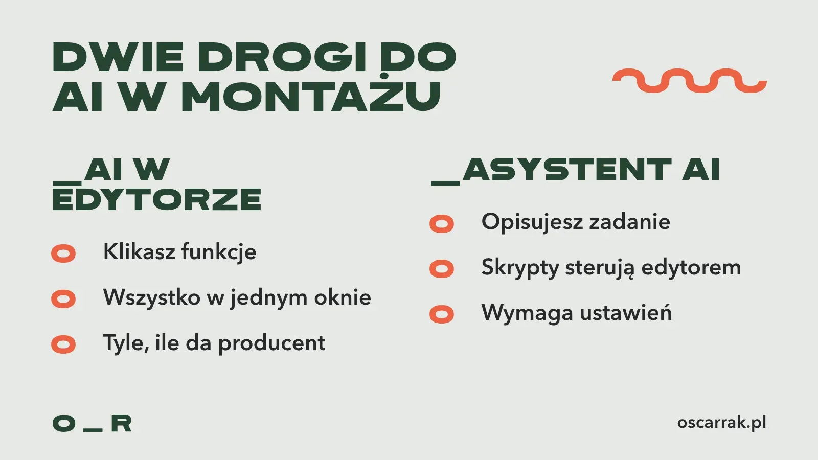 Porównanie dwóch dróg: AI w edytorze (klikasz funkcje, wszystko w jednym oknie, ograniczone do tego, co dał producent) i asystent AI (opisujesz zadanie, skrypty sterują edytorem, większa elastyczność, wymaga ustawień)