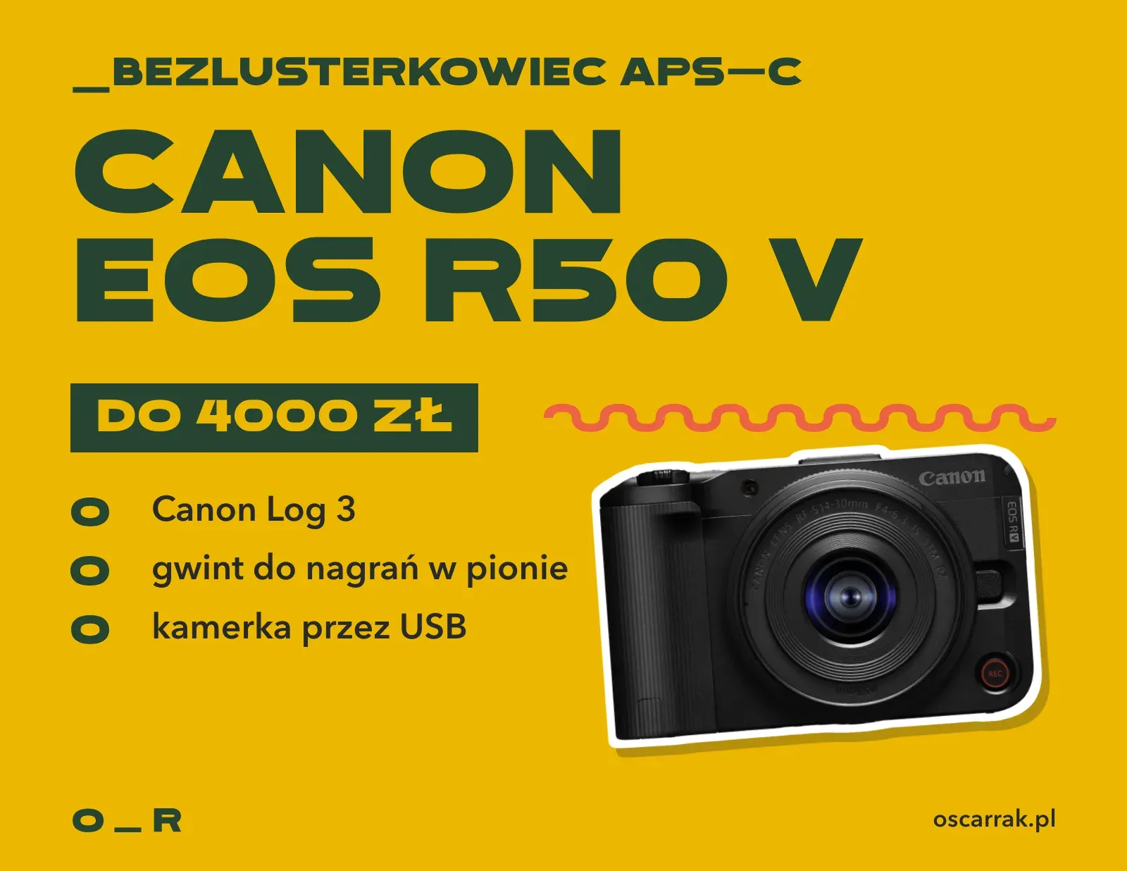 Kafelek: Canon EOS R50 V, bezlusterkowiec APS-C do 4000 zł; zalety: Canon Log 3, gwint do nagrań w pionie, praca jako kamerka przez USB