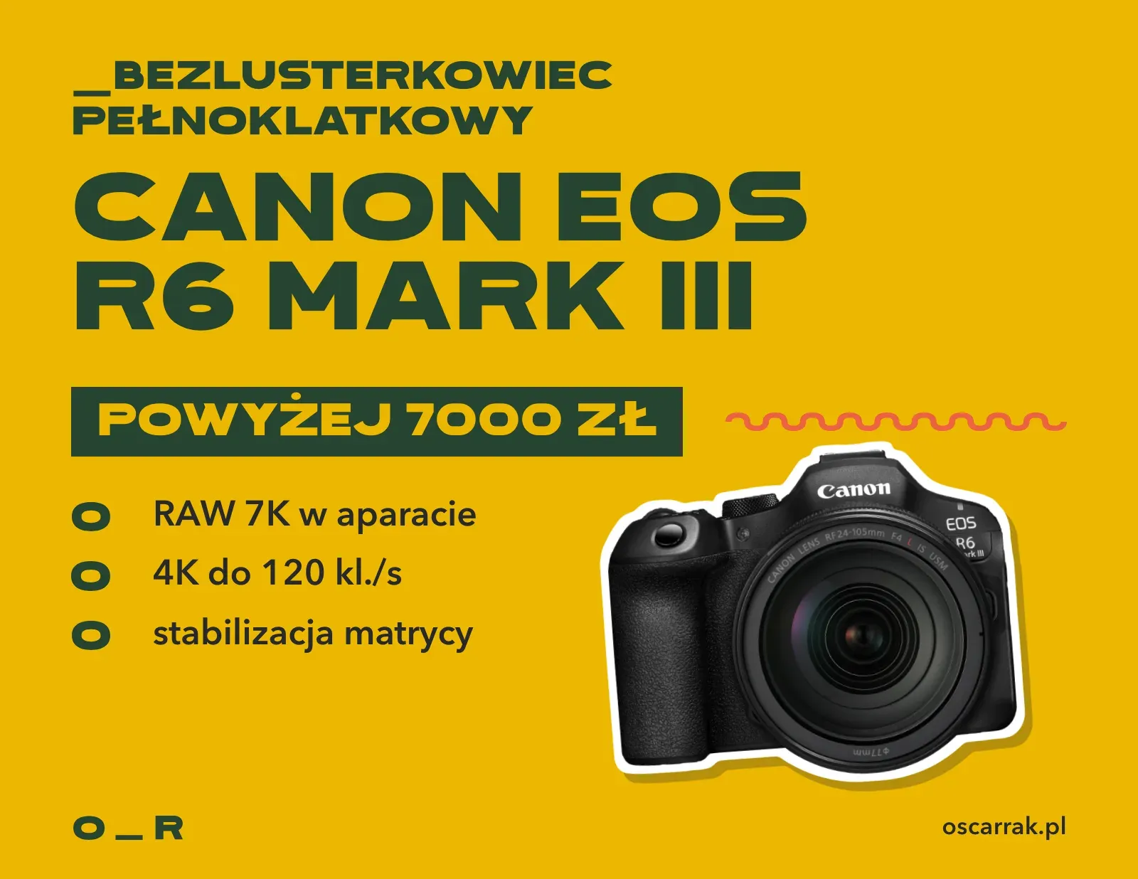 Kafelek: Canon EOS R6 Mark III, bezlusterkowiec pełnoklatkowy powyżej 7000 zł; zalety: RAW 7K w aparacie, 4K do 120 kl./s, stabilizacja matrycy