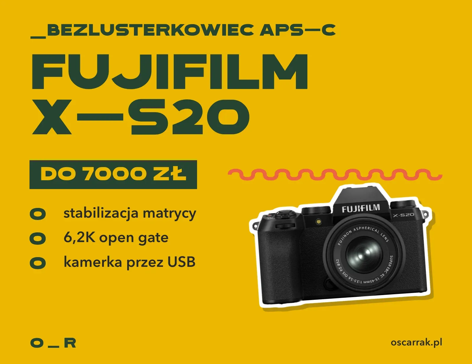 Kafelek: Fujifilm X-S20, bezlusterkowiec APS-C do 7000 zł; zalety: stabilizacja matrycy, nagrywanie 6,2K open gate, praca jako kamerka przez USB
