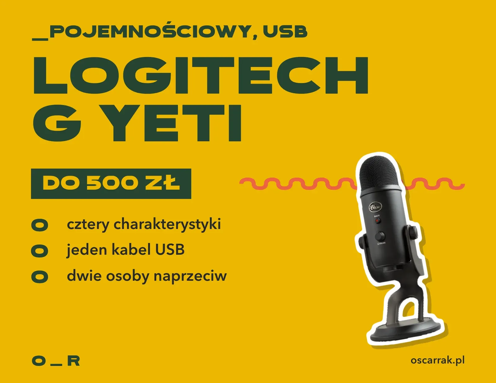 Kafelek: Logitech G Yeti, mikrofon pojemnościowy USB do 500 zł; zalety: cztery charakterystyki, jeden kabel USB, dwie osoby naprzeciw siebie