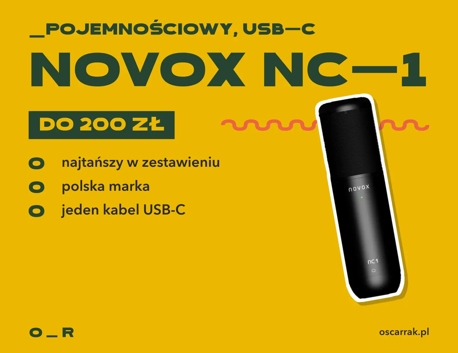 Kafelek: Novox NC-1, mikrofon pojemnościowy USB-C do 200 zł; zalety: najtańszy w zestawieniu, polska marka, jeden kabel USB-C
