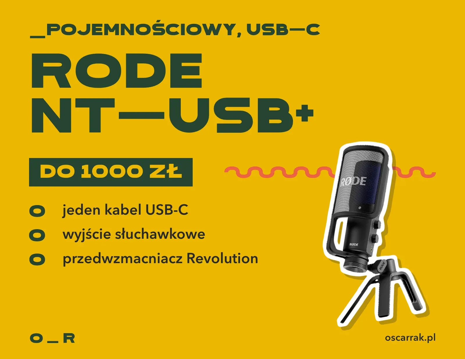 Kafelek: Rode NT-USB+, mikrofon pojemnościowy USB-C do 1000 zł; zalety: jeden kabel USB-C, wyjście słuchawkowe, przedwzmacniacz Revolution