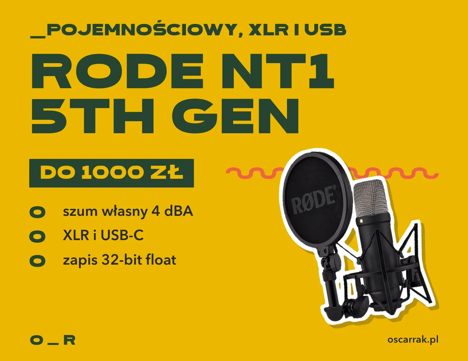 Kafelek: Rode NT1 5th Gen, mikrofon pojemnościowy XLR i USB do 1000 zł; zalety: szum własny 4 dBA, złącza XLR i USB-C, zapis 32-bit float