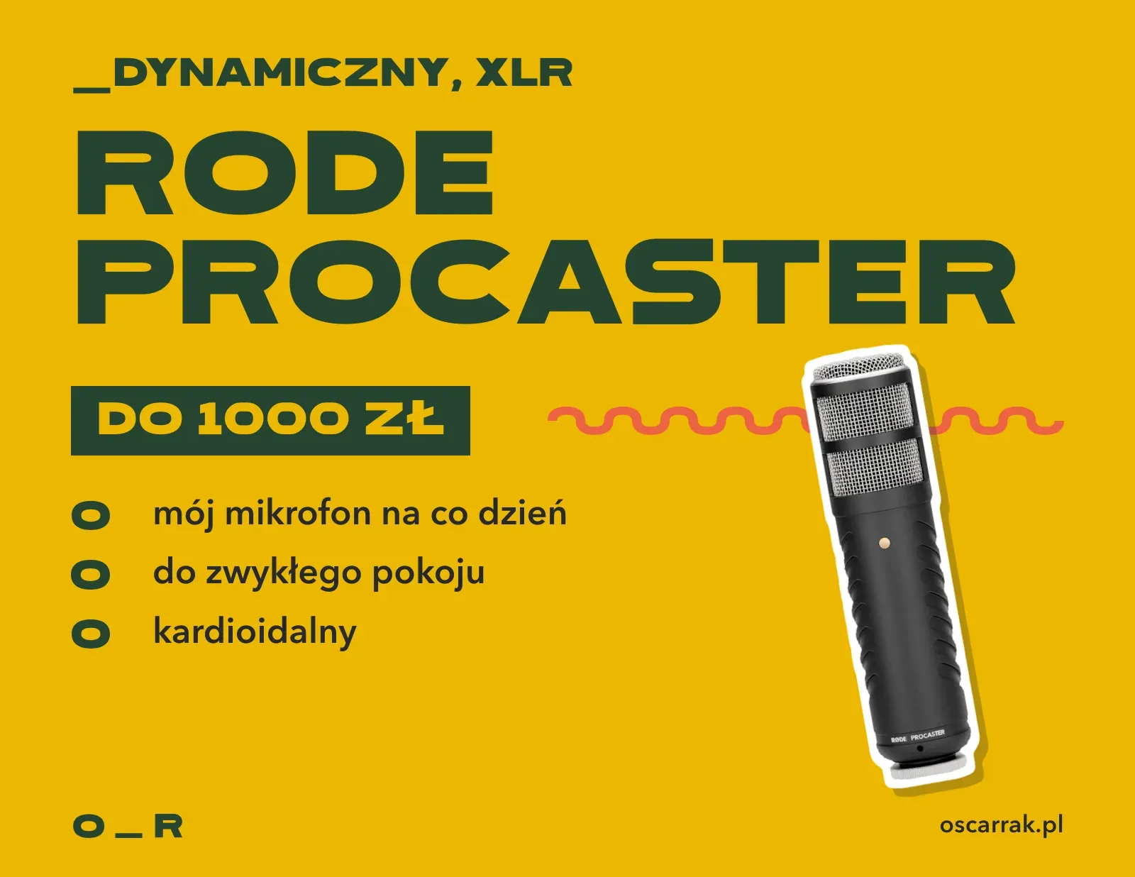 Kafelek: Rode Procaster, mikrofon dynamiczny XLR do 1000 zł; zalety: mój mikrofon na co dzień, do zwykłego pokoju, charakterystyka kardioidalna