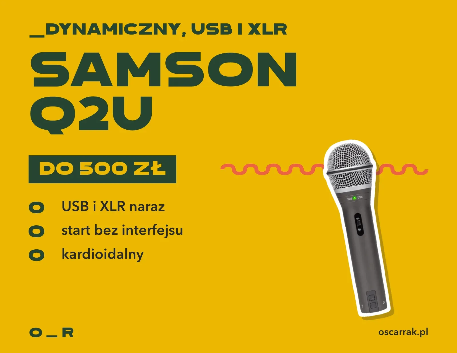 Kafelek: Samson Q2U, mikrofon dynamiczny USB i XLR do 500 zł; zalety: USB i XLR naraz, start bez interfejsu, charakterystyka kardioidalna