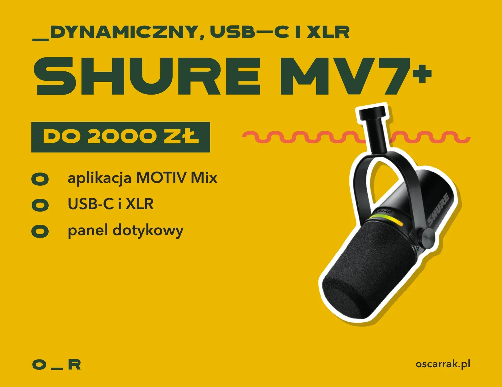 Kafelek: Shure MV7+, mikrofon dynamiczny USB-C i XLR do 2000 zł; zalety: aplikacja MOTIV Mix, złącza USB-C i XLR, panel dotykowy