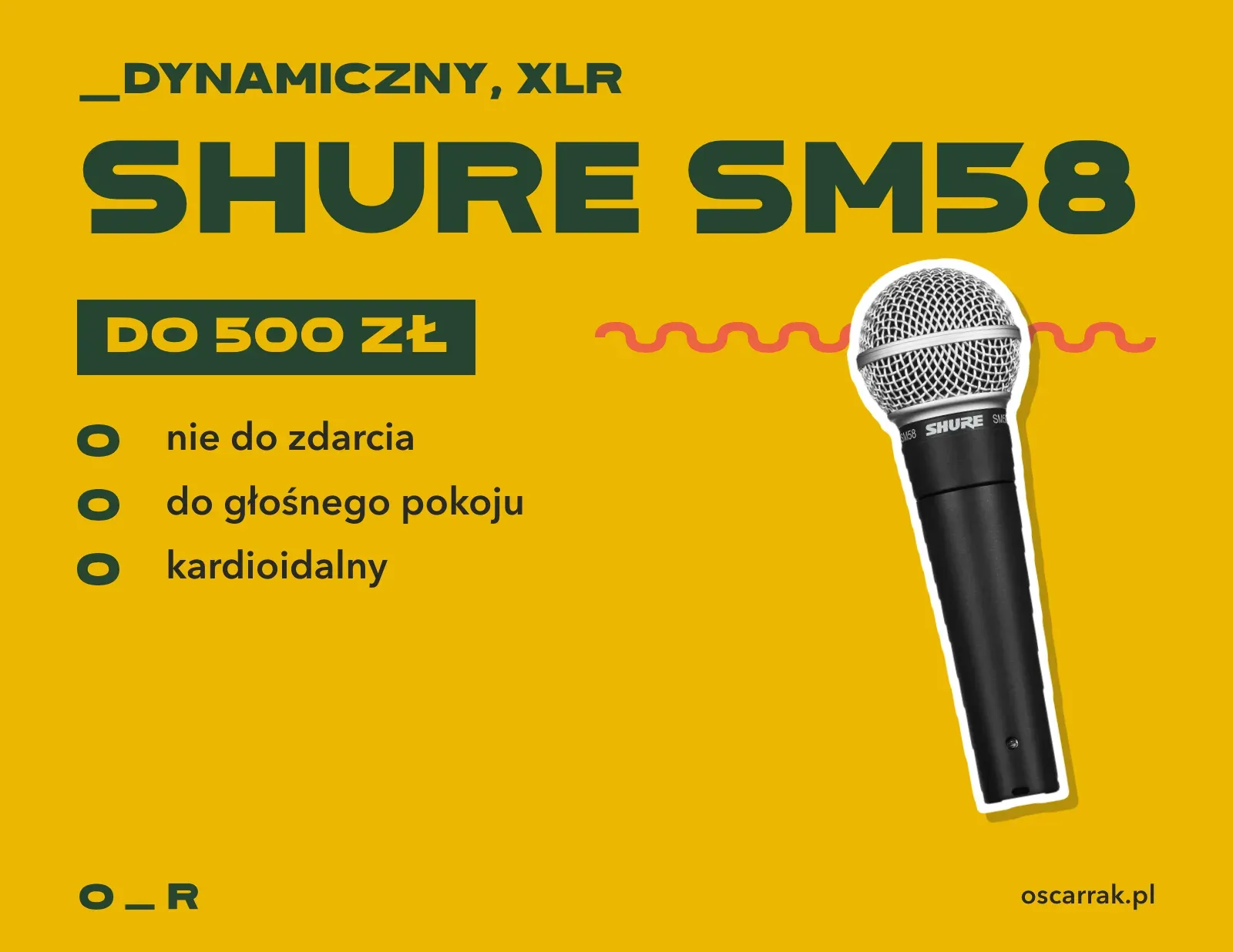 Kafelek: Shure SM58, mikrofon dynamiczny XLR do 500 zł; zalety: nie do zdarcia, do głośnego pokoju, charakterystyka kardioidalna