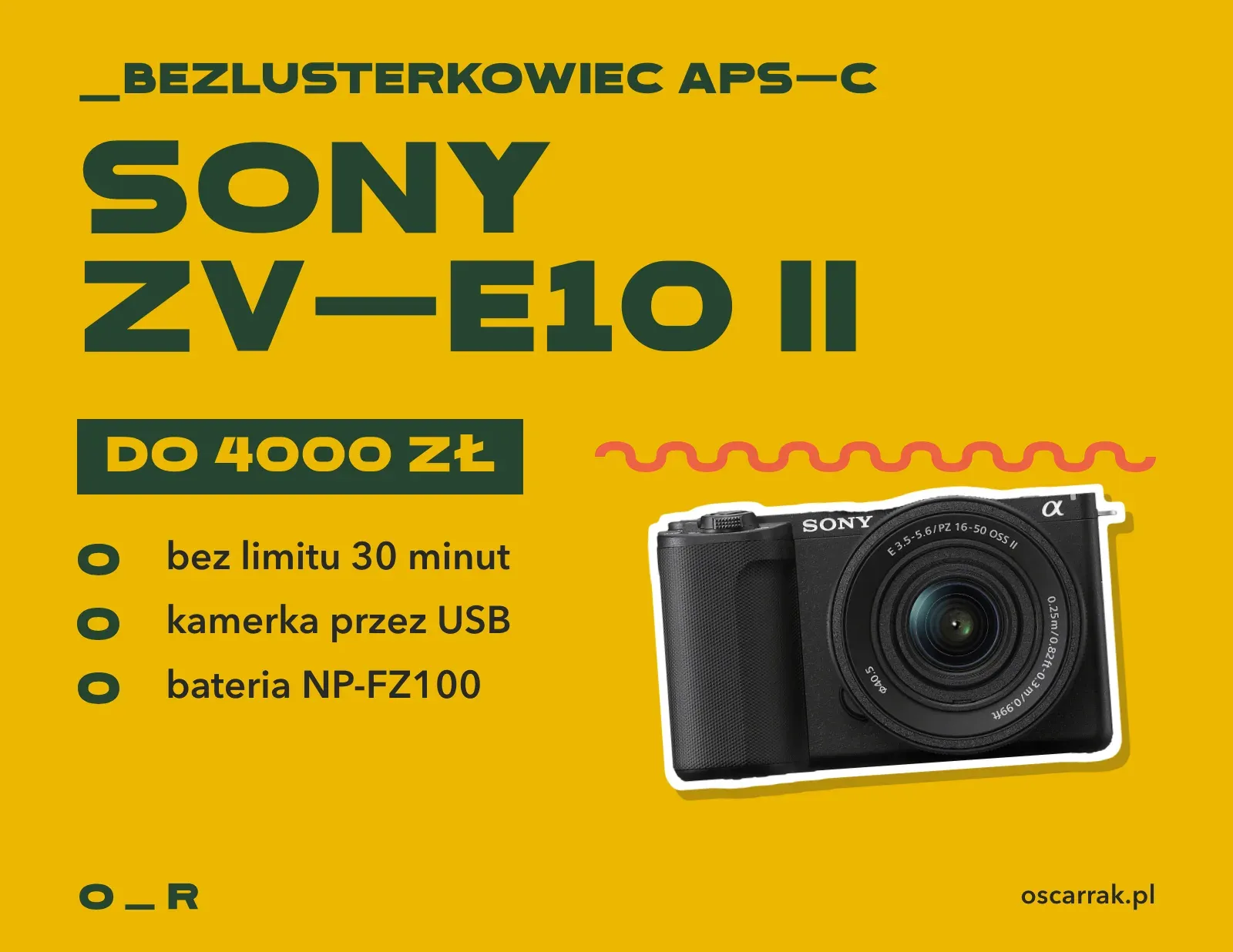 Kafelek: Sony ZV-E10 II, bezlusterkowiec APS-C do 4000 zł; zalety: nagrywanie bez limitu 30 minut, praca jako kamerka przez USB, duża bateria NP-FZ100