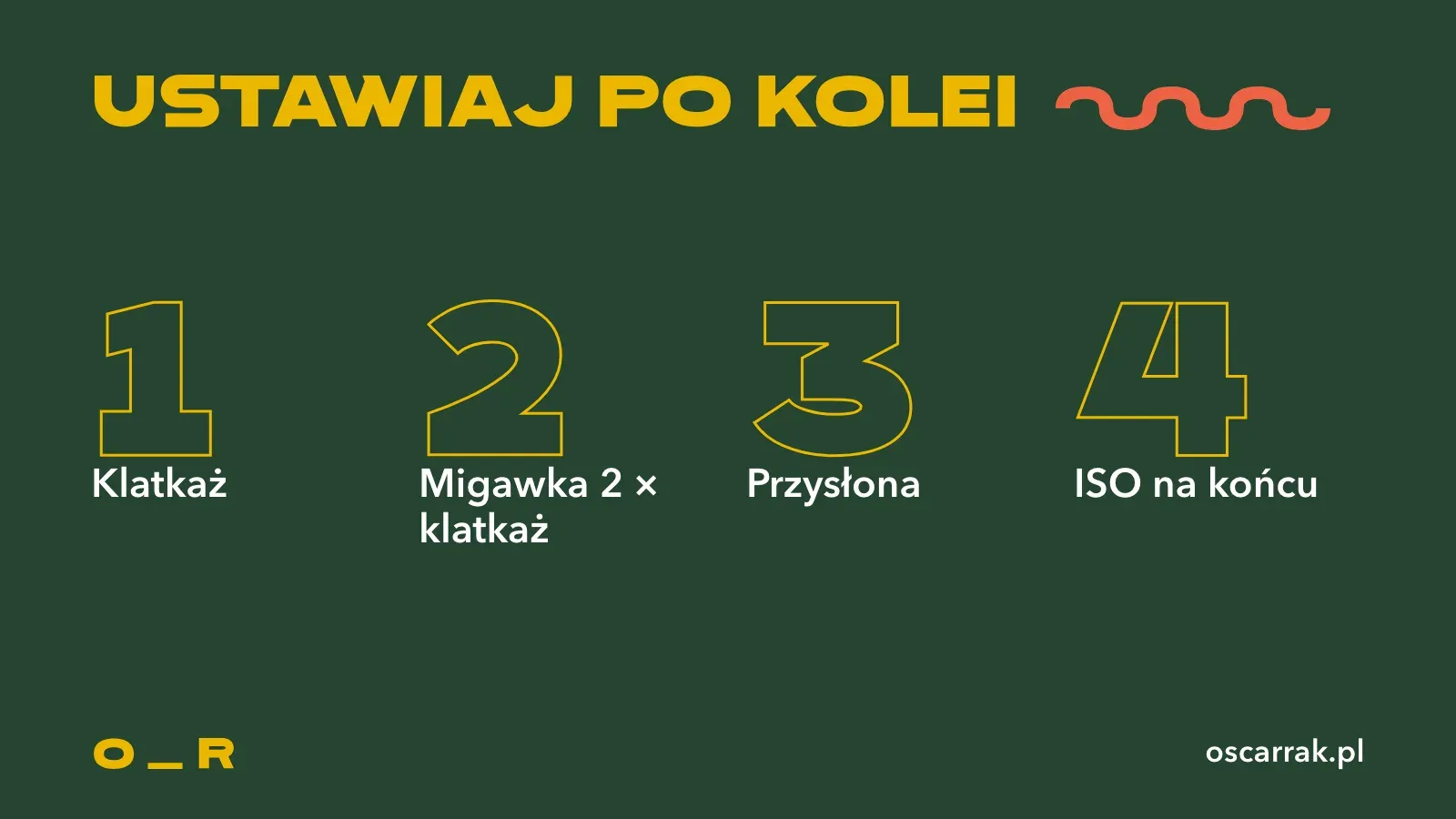 Kolejność ustawiania ekspozycji w filmie w czterech krokach: klatkaż, migawka dwa razy klatkaż, przysłona, ISO na końcu