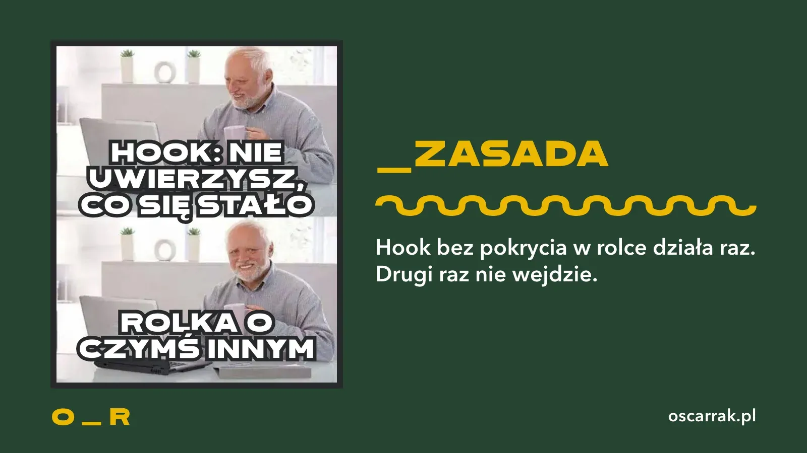 Mem z uśmiechniętym mężczyzną, który ukrywa ból: hook obiecuje, że nie uwierzysz, co się stało, a rolka jest o czymś innym; wniosek: drugi raz widz nie wejdzie