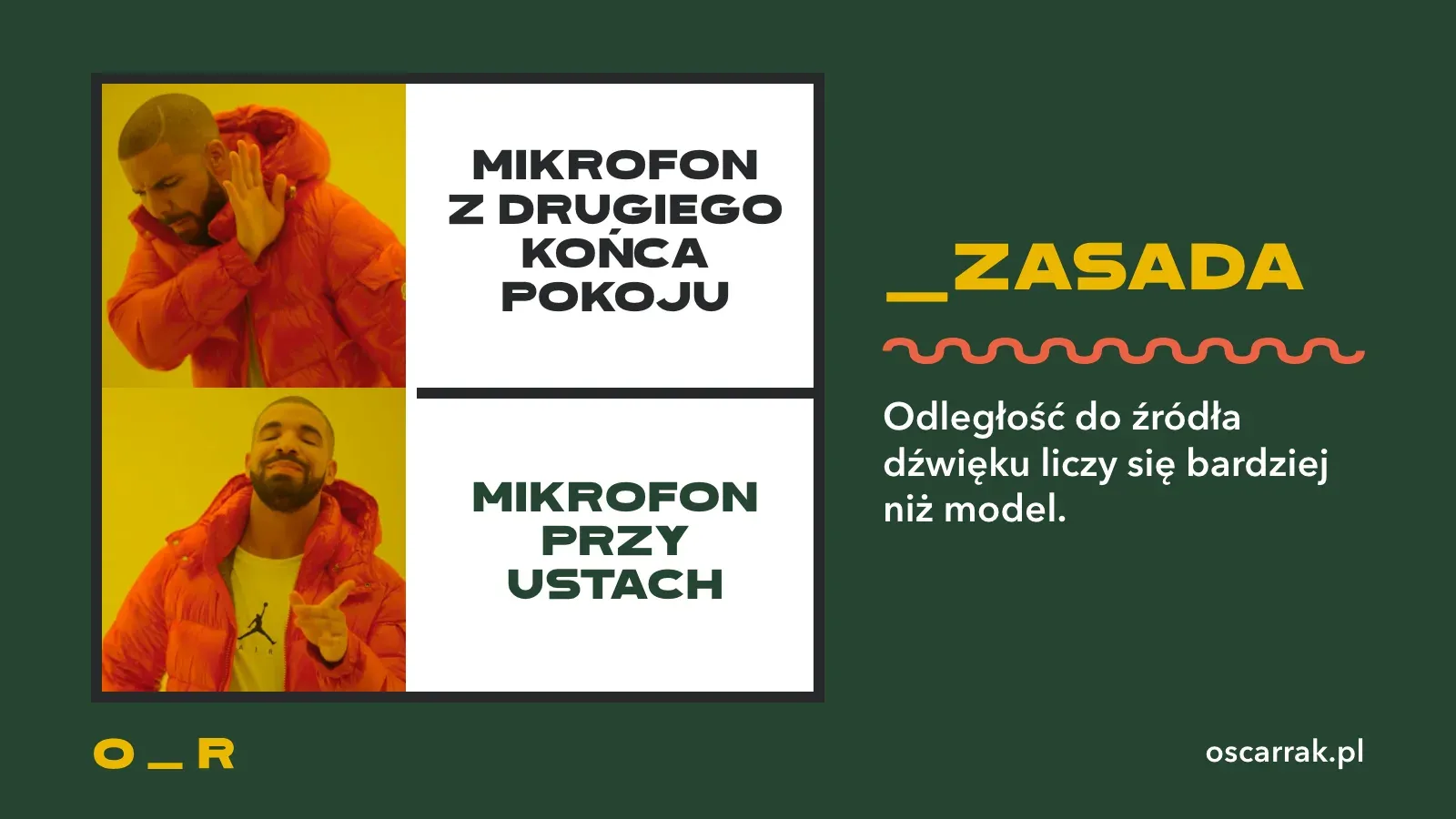 Mem z Drakiem: odrzuca mikrofon z drugiego końca pokoju i wybiera mikrofon przy ustach; wniosek: odległość do źródła dźwięku liczy się bardziej niż model