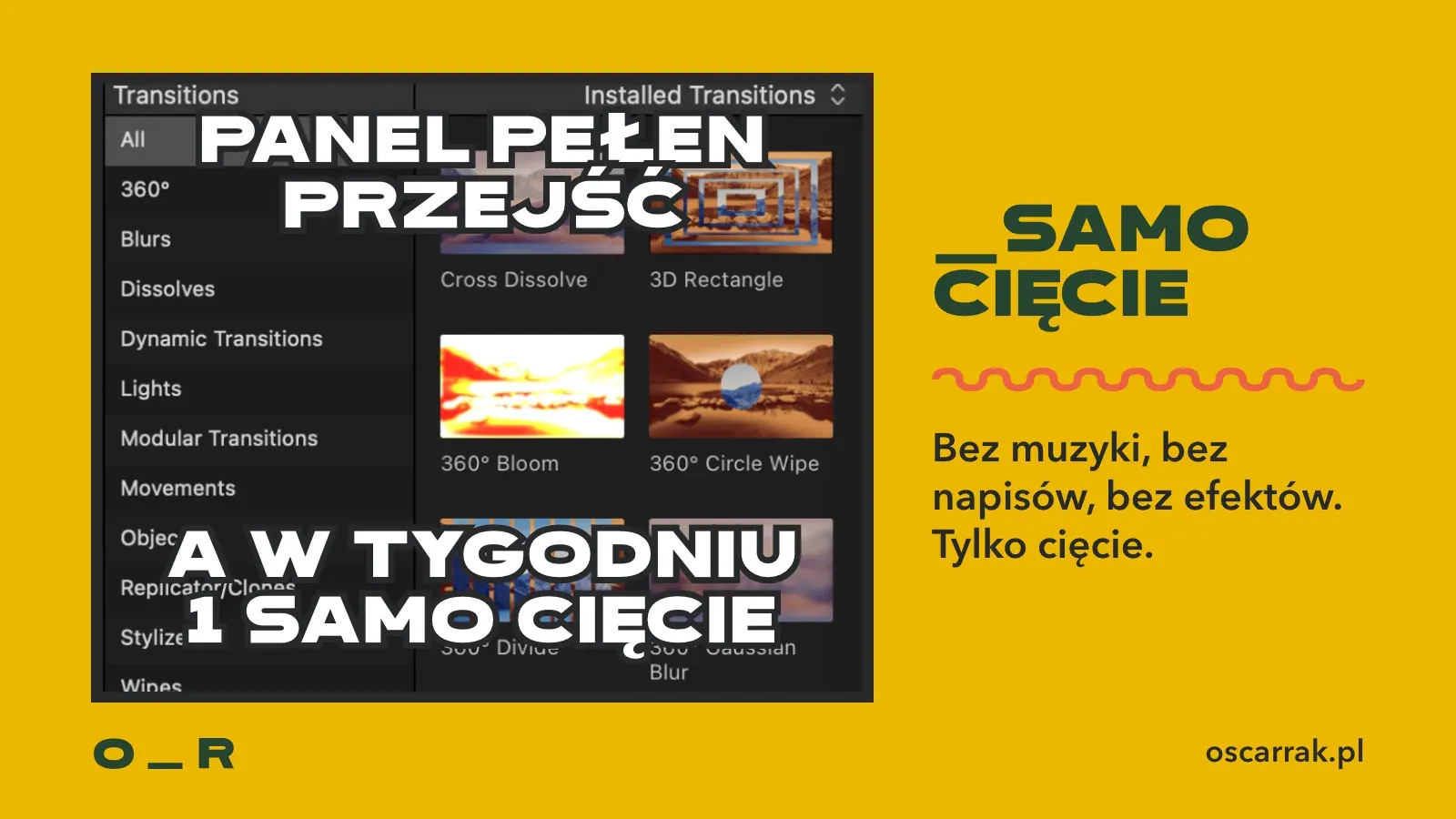 Mem: panel pełen przejść w programie do montażu i podpis, że w tygodniu pierwszym ćwiczysz samo cięcie, bez muzyki, napisów i efektów