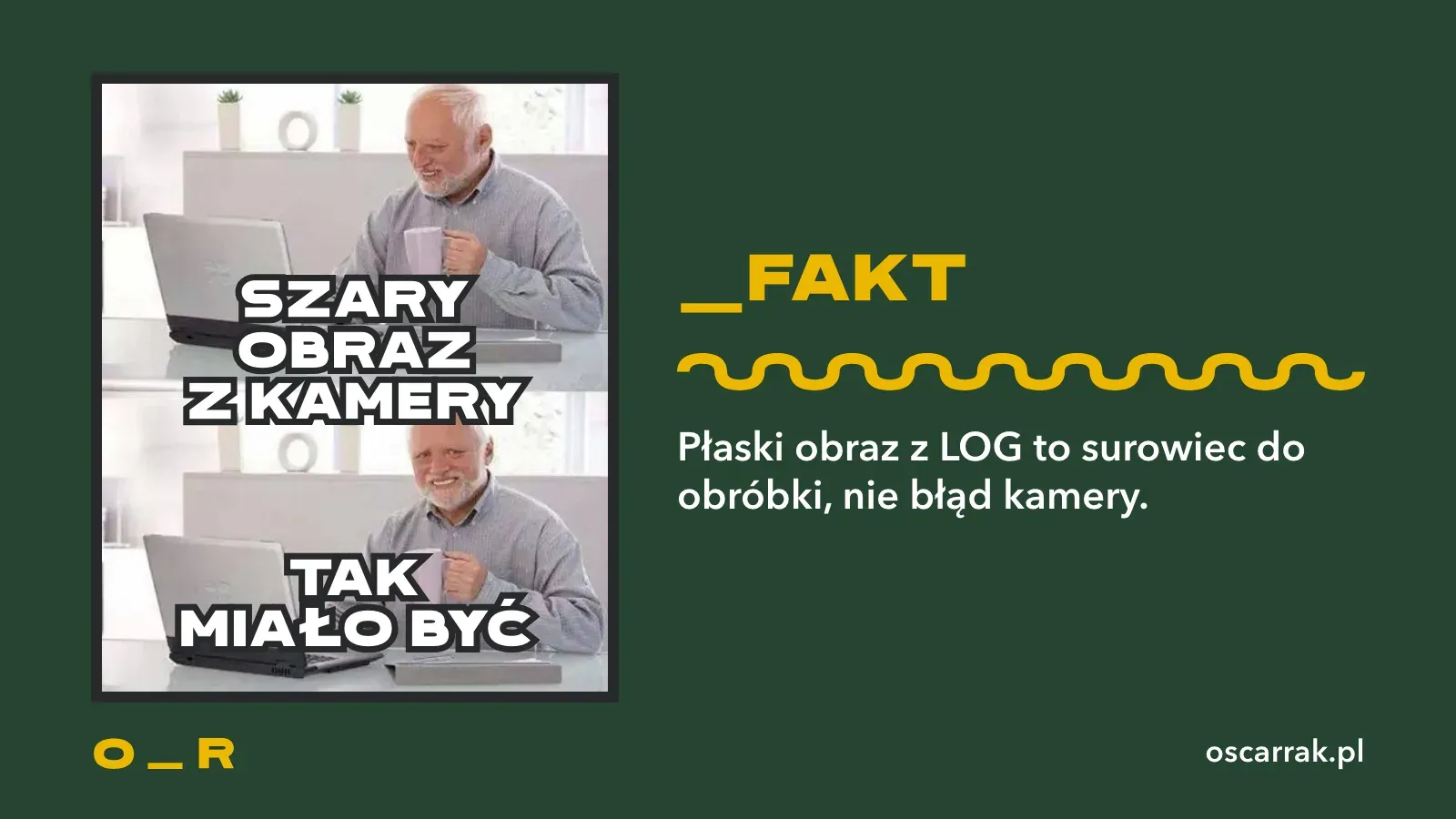 Mem z uśmiechniętym Haroldem: szary obraz z kamery i podpis „tak miało być”; obok wniosek, że płaski obraz z LOG to surowiec do obróbki