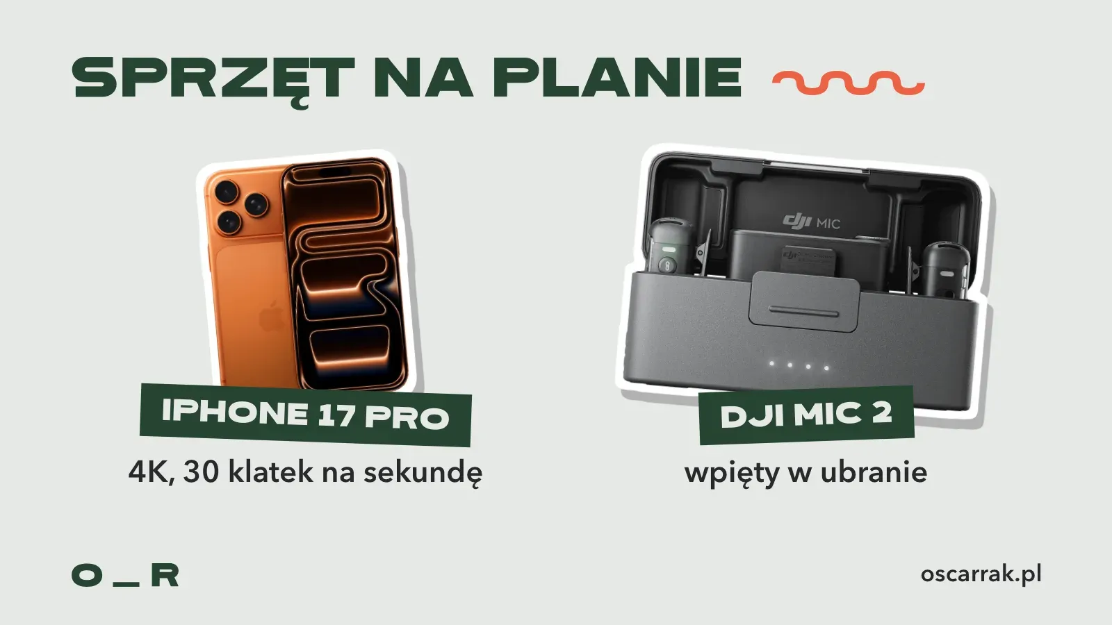 Dwie naklejki ze sprzętem: iPhone 17 Pro nagrywający w 4K i bezprzewodowy mikrofon DJI Mic 2 wpinany w ubranie