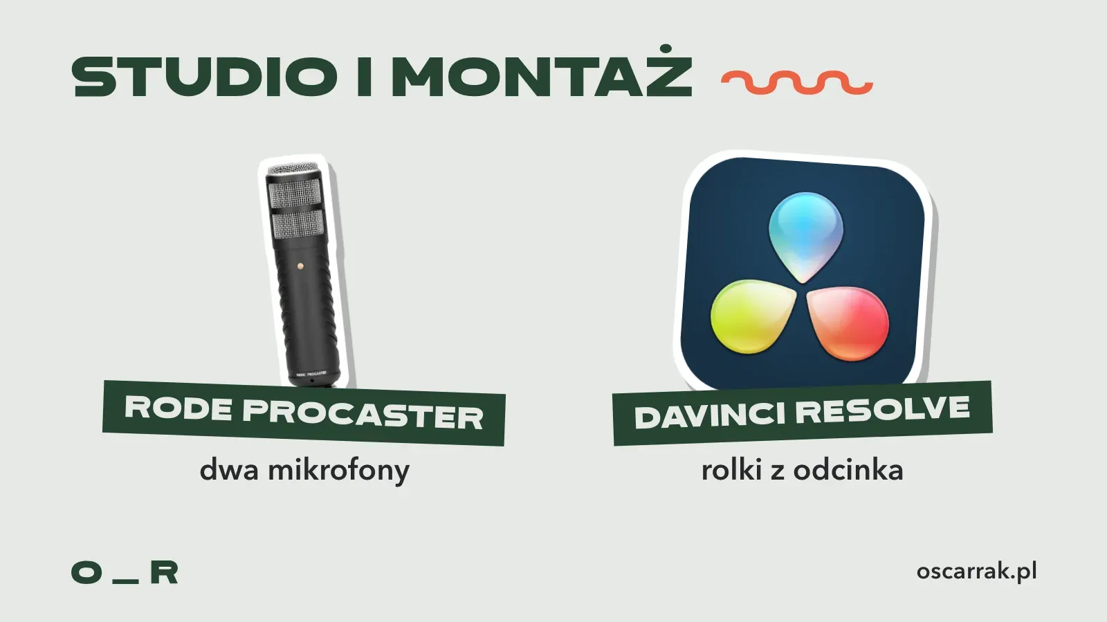 Dwie naklejki: mikrofon Rode Procaster, dwa w studiu z gościem, i ikona DaVinci Resolve, w którym powstają rolki z odcinka