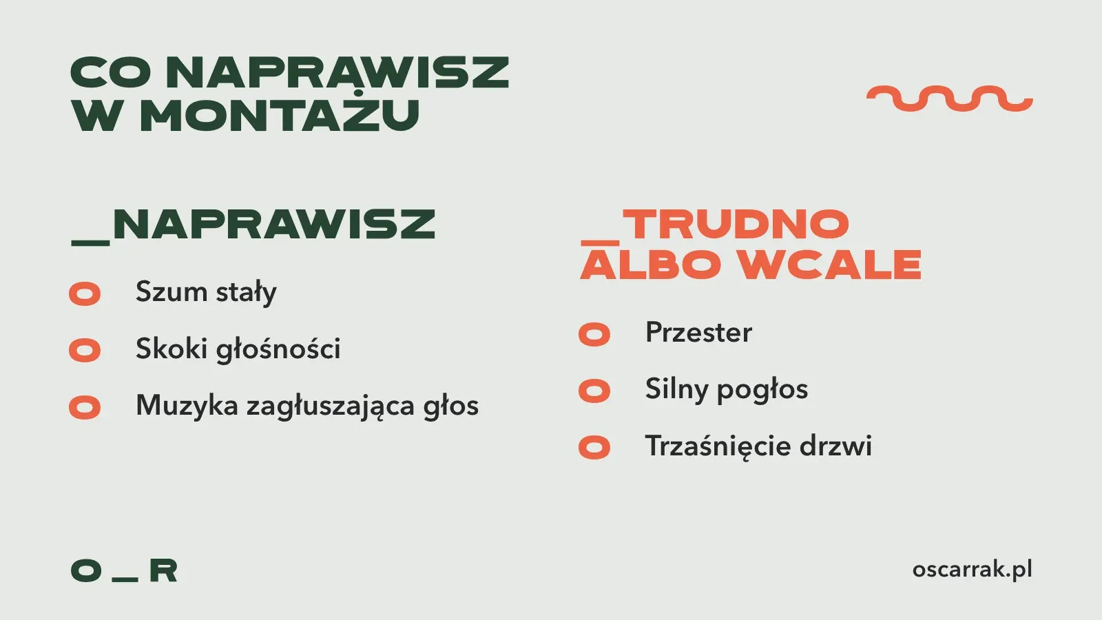Porównanie, co da się poprawić w montażu, a co nie: szum stały, skoki głośności i muzykę zagłuszającą głos naprawisz; przester, silny pogłos i trzaśnięcie drzwi trudno albo wcale