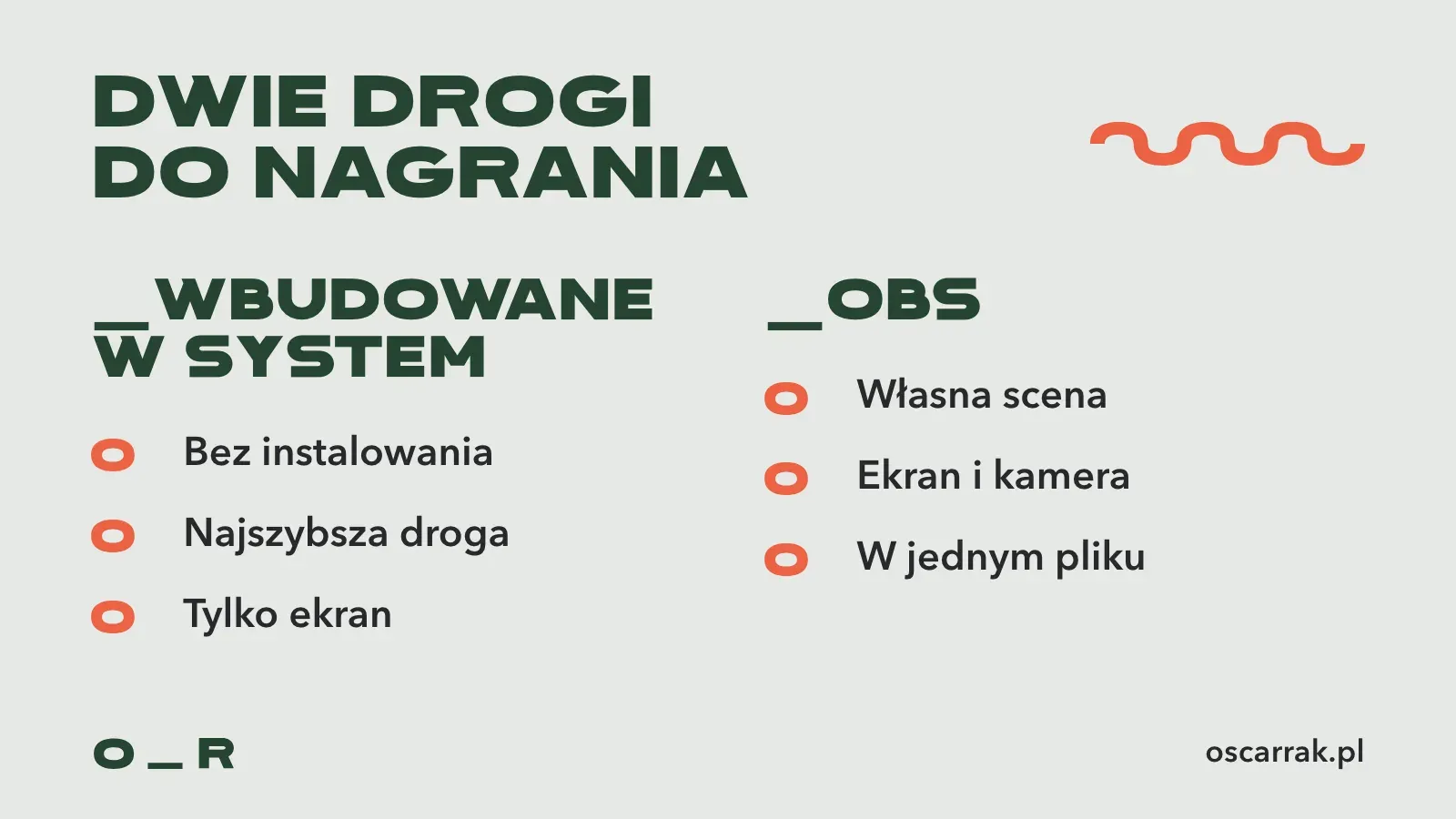Porównanie dwóch dróg nagrywania ekranu: wbudowane narzędzie systemu nagrywa tylko ekran, OBS nagrywa ekran i kamerę naraz w jednym pliku