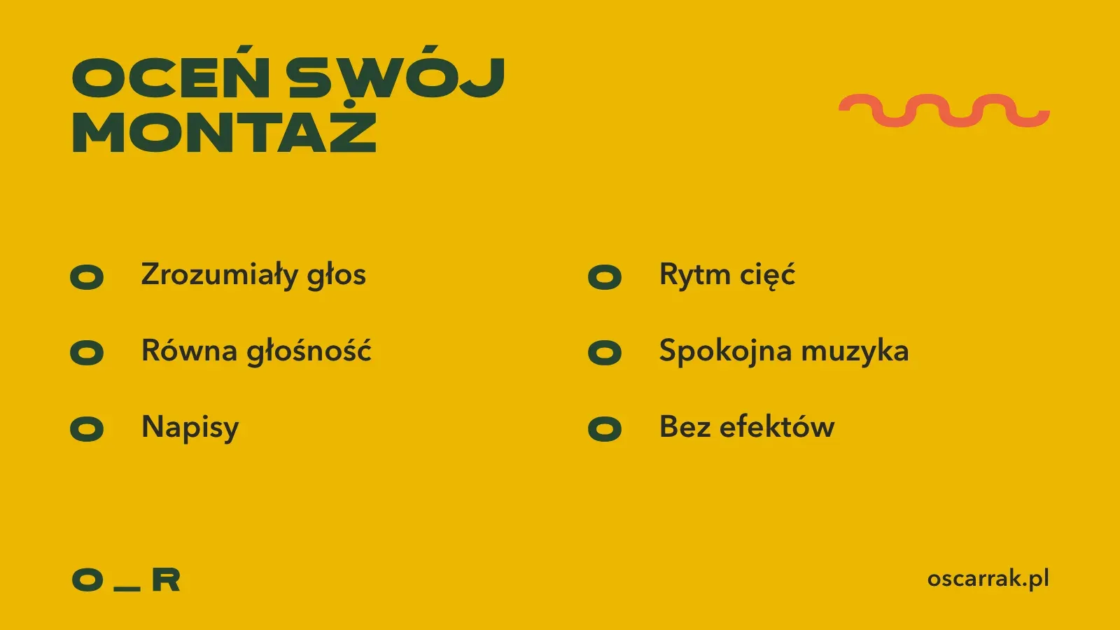 Lista kontrolna do oceny własnego montażu: zrozumiały głos, równa głośność, napisy, rytm cięć, spokojna muzyka i brak zbędnych efektów
