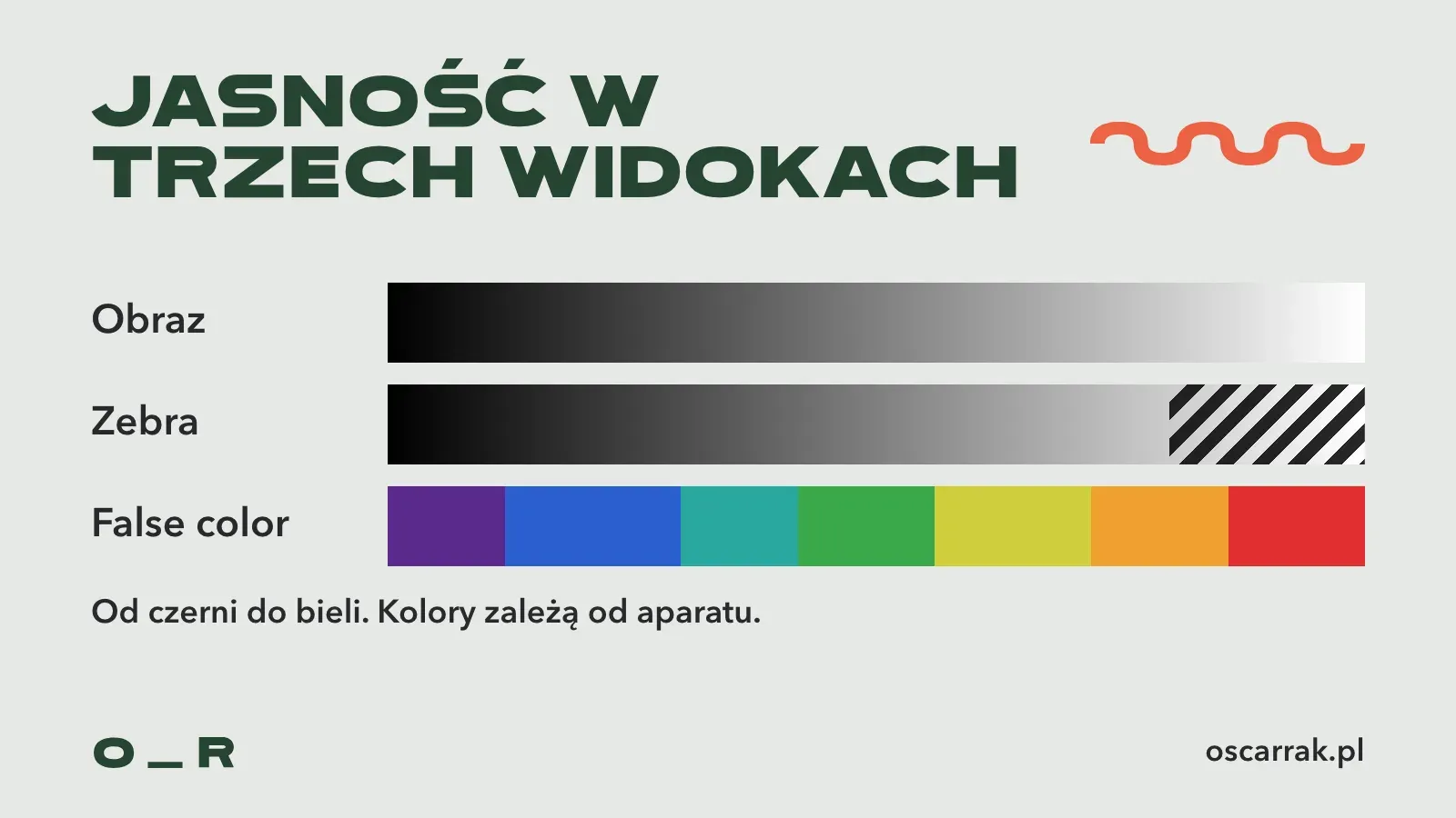 Ten sam pasek jasności od czerni do bieli w trzech widokach: zwykły obraz, zebra z ukośnymi paskami na jasnym końcu i false color, w którym każdy przedział jasności ma swój kolor