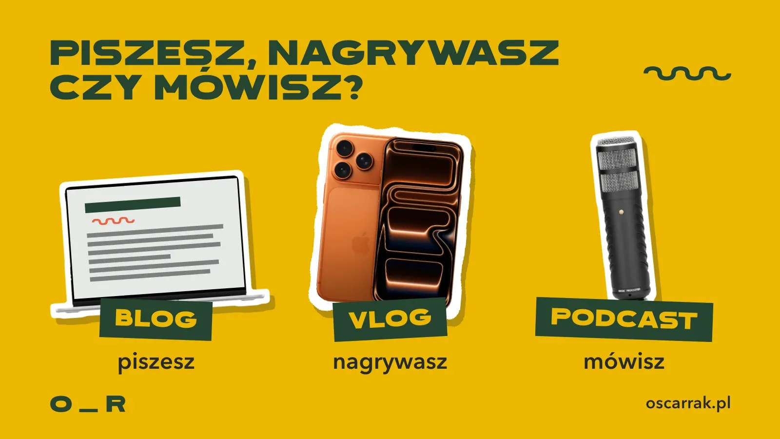 Trzy naklejki: laptop z tekstem na ekranie to blog, w którym piszesz, iPhone to vlog, który nagrywasz, mikrofon Rode Procaster to podcast, w którym mówisz