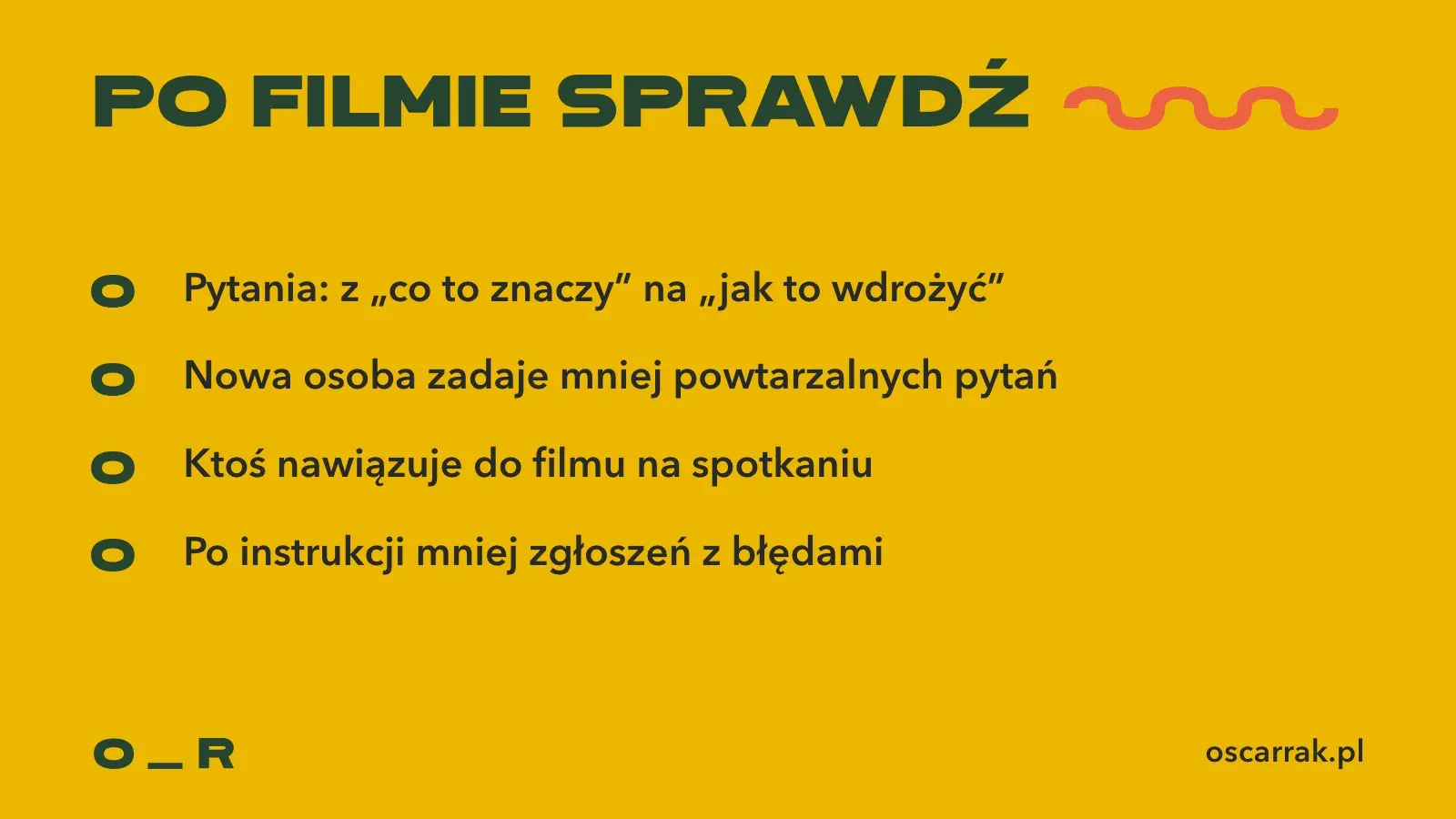 Lista czterech sygnałów, że film wewnętrzny zadziałał: pytania zmieniają się na jak to wdrożyć, nowa osoba pyta mniej o to samo, ktoś nawiązuje do filmu, po instrukcji jest mniej zgłoszeń z błędami