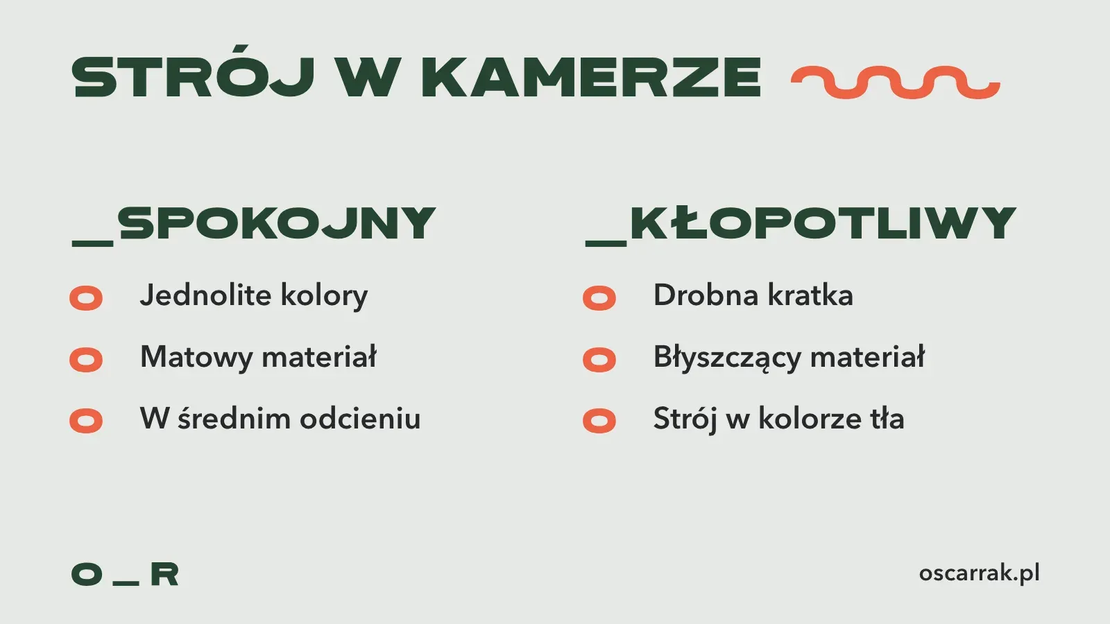 Porównanie stroju spokojnego i kłopotliwego w kamerze: spokojny to jednolite kolory, matowa tkanina i średnie odcienie, kłopotliwy to drobna kratka, błyszczący materiał i kolor tła