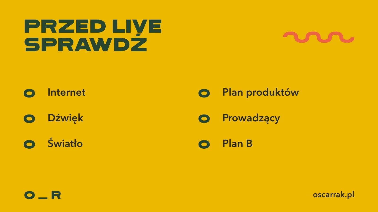 Lista przed LIVE sprzedażowym: internet, dźwięk, światło, plan produktów, prowadzący i plan B
