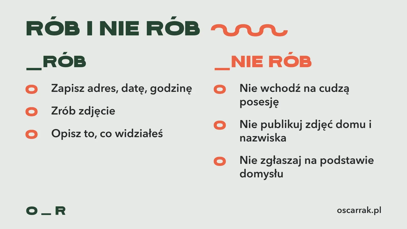 Porównanie: co robić, czyli zapisać adres, datę i godzinę, zrobić zdjęcie i opisać to, co widać, oraz czego nie robić, czyli nie wchodzić na cudzą posesję, nie publikować zdjęć domu i nazwiska i nie zgłaszać na podstawie domysłu