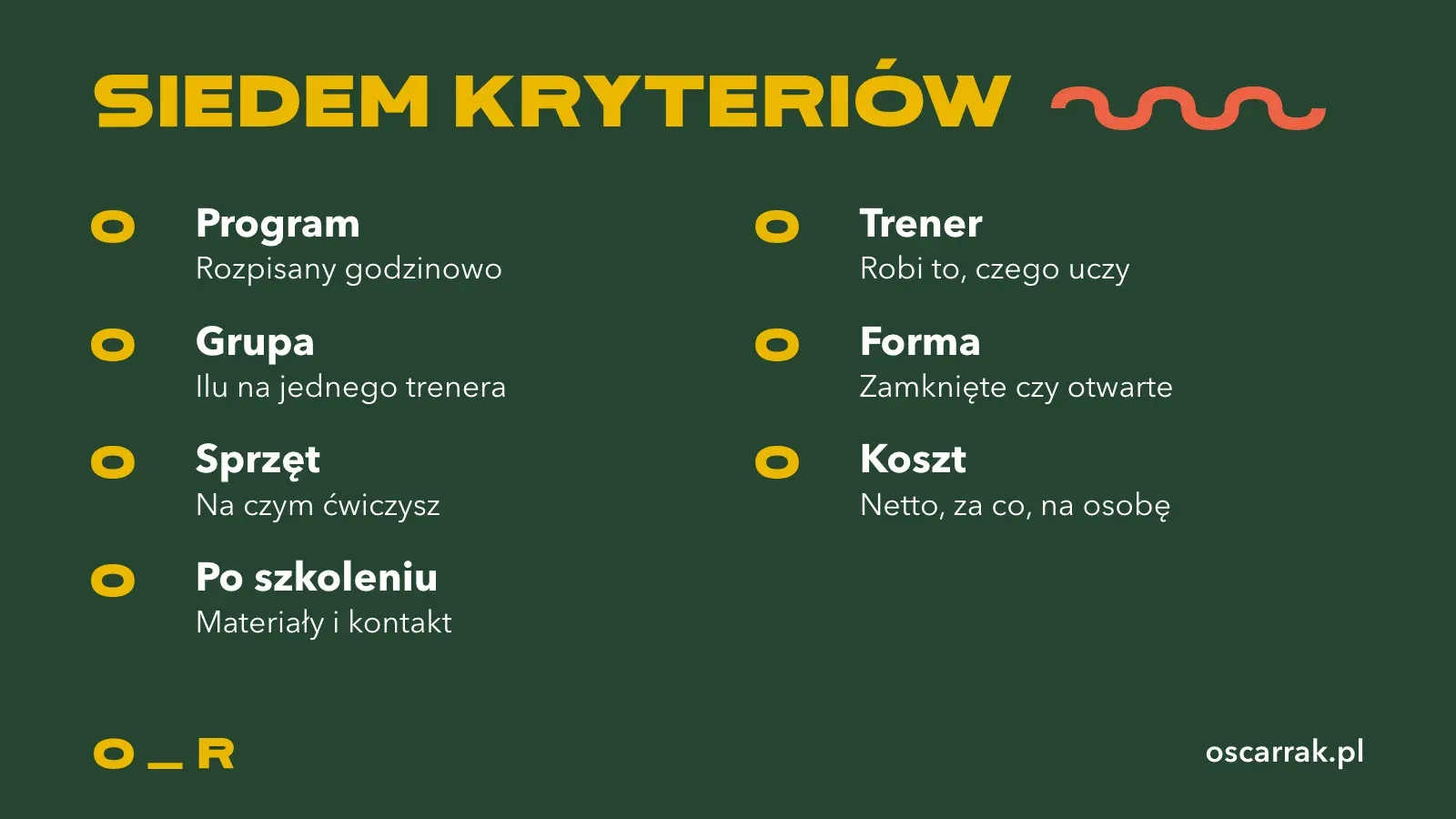 Siedem kryteriów wyboru szkolenia z nagrywania wideo: program, grupa, sprzęt, po szkoleniu, trener, forma i koszt, każde z krótkim pytaniem, co sprawdzić