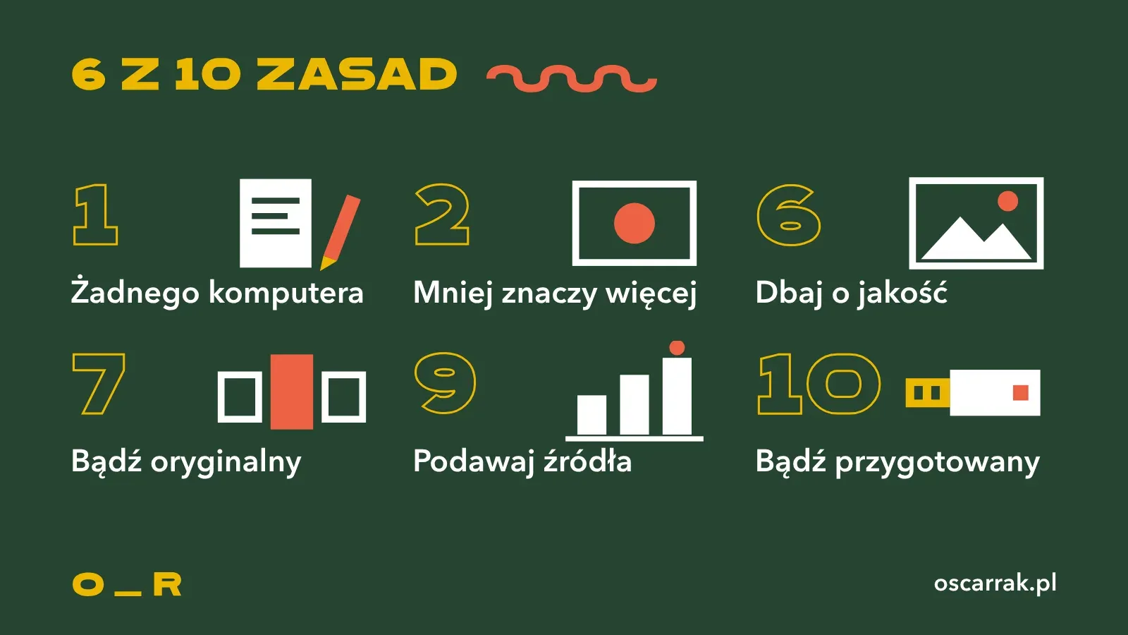 Sześć z dziesięciu złotych zasad prezentacji z piktogramami: żadnego komputera, mniej znaczy więcej, dbaj o jakość, bądź oryginalny, podawaj źródła, bądź przygotowany