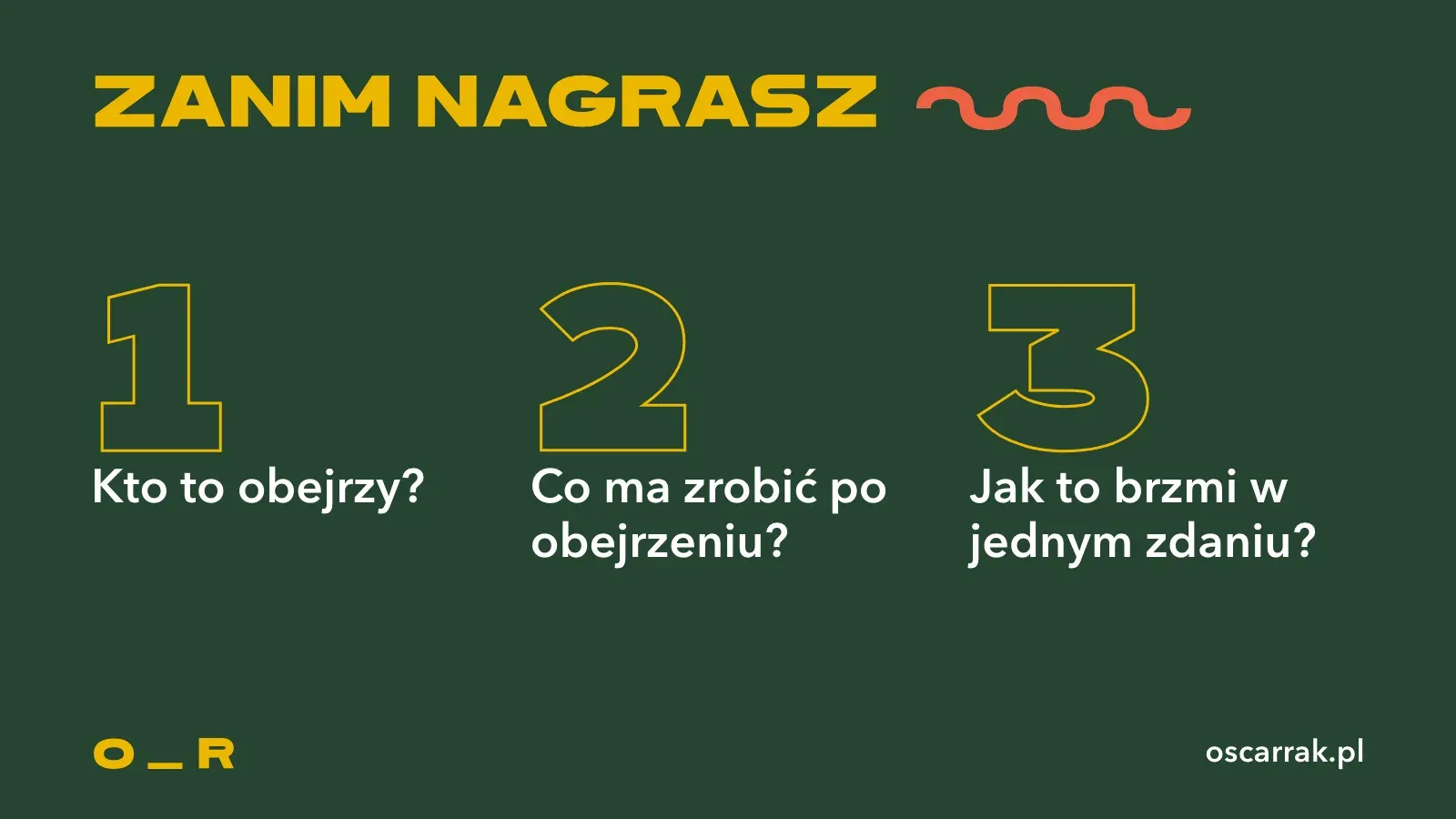Trzy pytania przed nagraniem, ponumerowane od 1 do 3: kto to obejrzy, co ma zrobić po obejrzeniu, jak brzmi to w jednym zdaniu