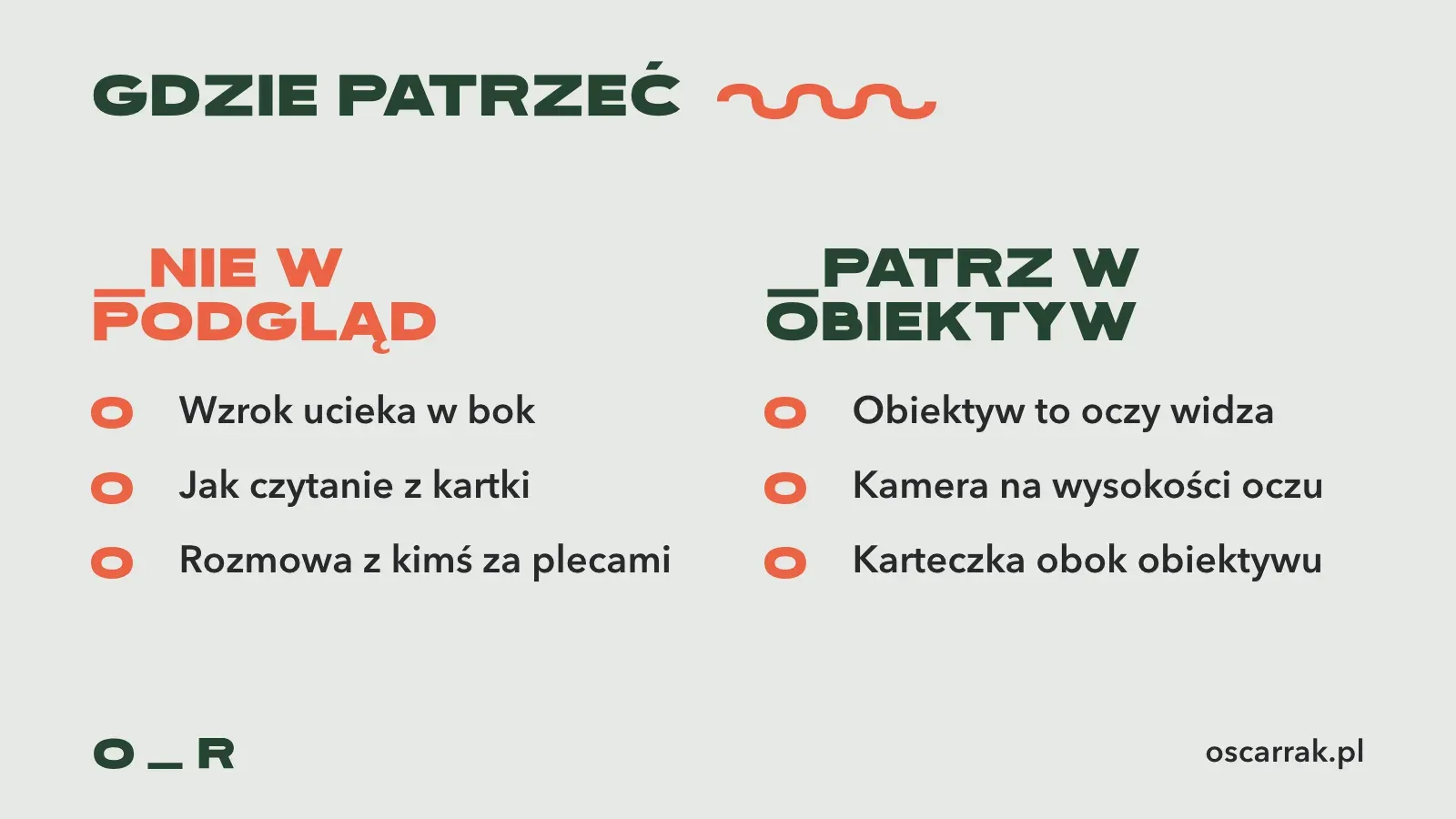 Porównanie, gdzie patrzeć do kamery: przy patrzeniu w podgląd wzrok ucieka, wygląda to jak czytanie z kartki i rozmowa z kimś za plecami widza; przy patrzeniu w obiektyw widz ma oczy w oczy, kamera jest na wysokości oczu, a notatki leżą obok obiektywu
