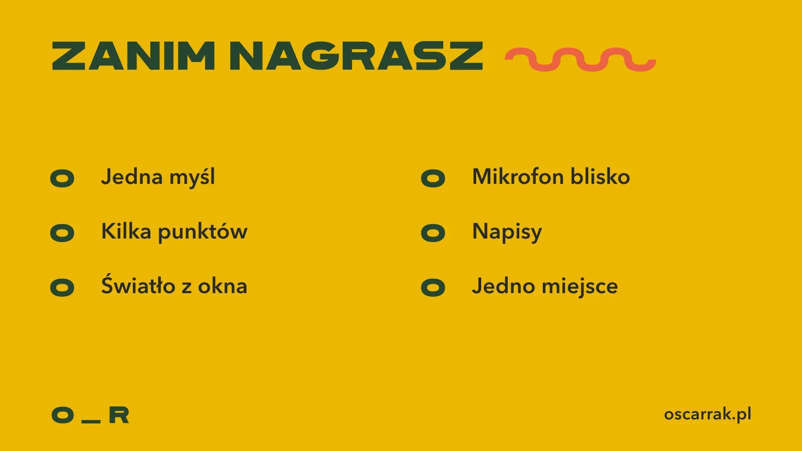 Lista kontrolna przed nagraniem wideo wewnętrznego: jedna myśl, kilka punktów, światło z okna, mikrofon blisko, napisy, jedno miejsce