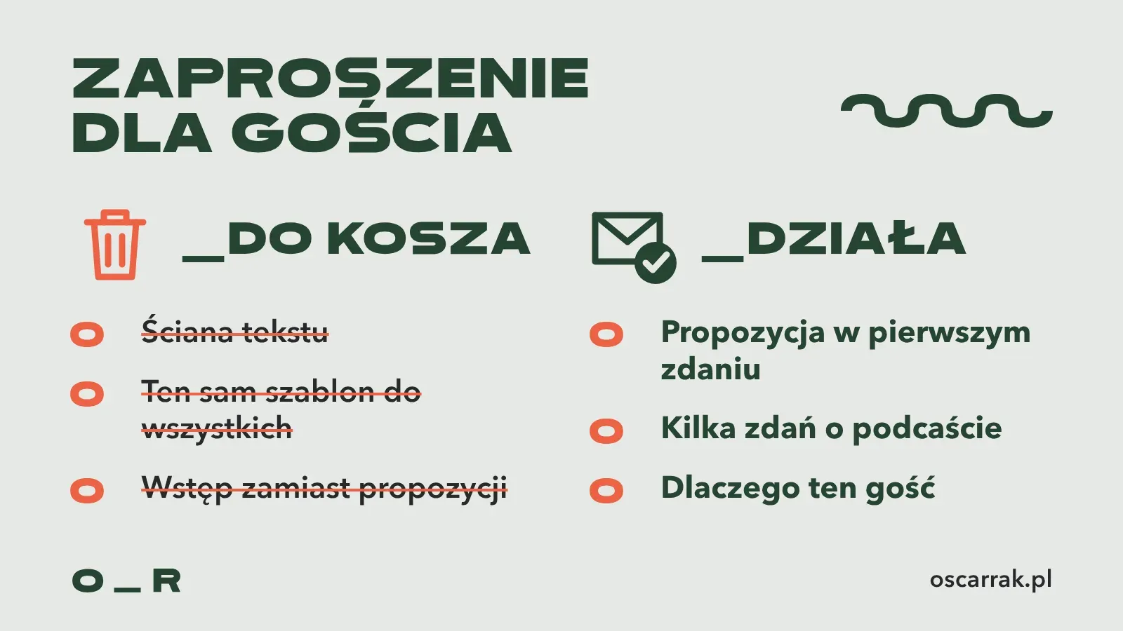 Zaproszenie dla gościa: do kosza trafia ściana tekstu, ten sam szablon do wszystkich i wstęp zamiast propozycji, a działa propozycja w pierwszym zdaniu, kilka zdań o podcaście i powód wyboru gościa