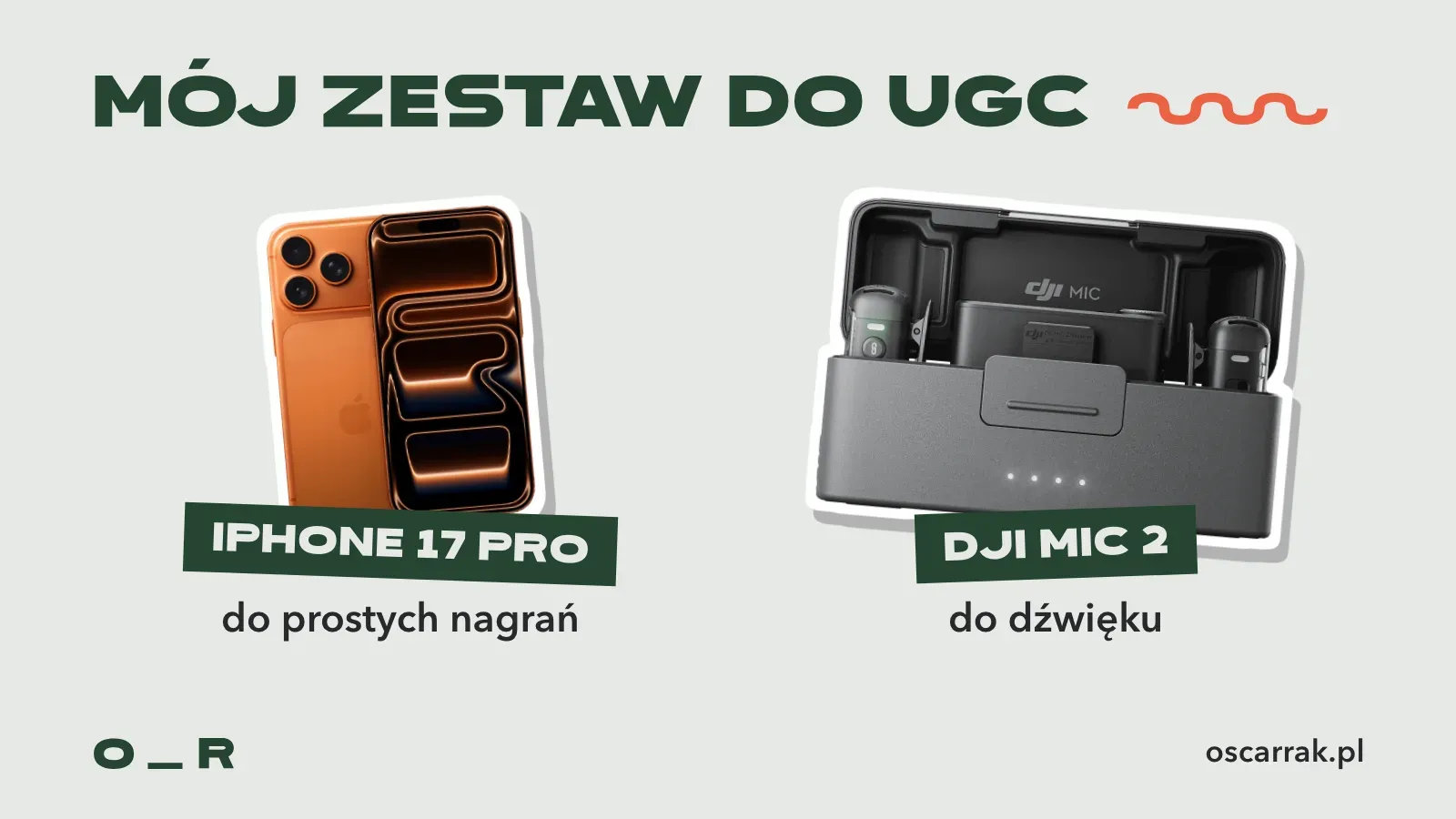 Zestaw do prostych nagrań UGC jako naklejki: iPhone 17 Pro do prostych nagrań i mikrofon DJI Mic 2 do dźwięku